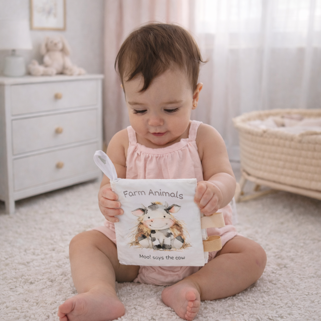 Baby holding soft farm animals cloth crinkle book with cow page and fabric handle