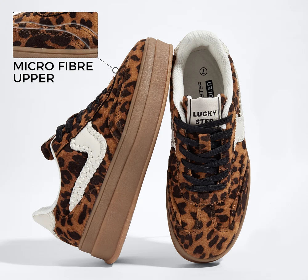 A pair of platform sneakers with a brown and black leopard print upper, white side accents, and black laces. One shoe is shown from the side profile with a raised tan platform sole, and the other is shown from the top.