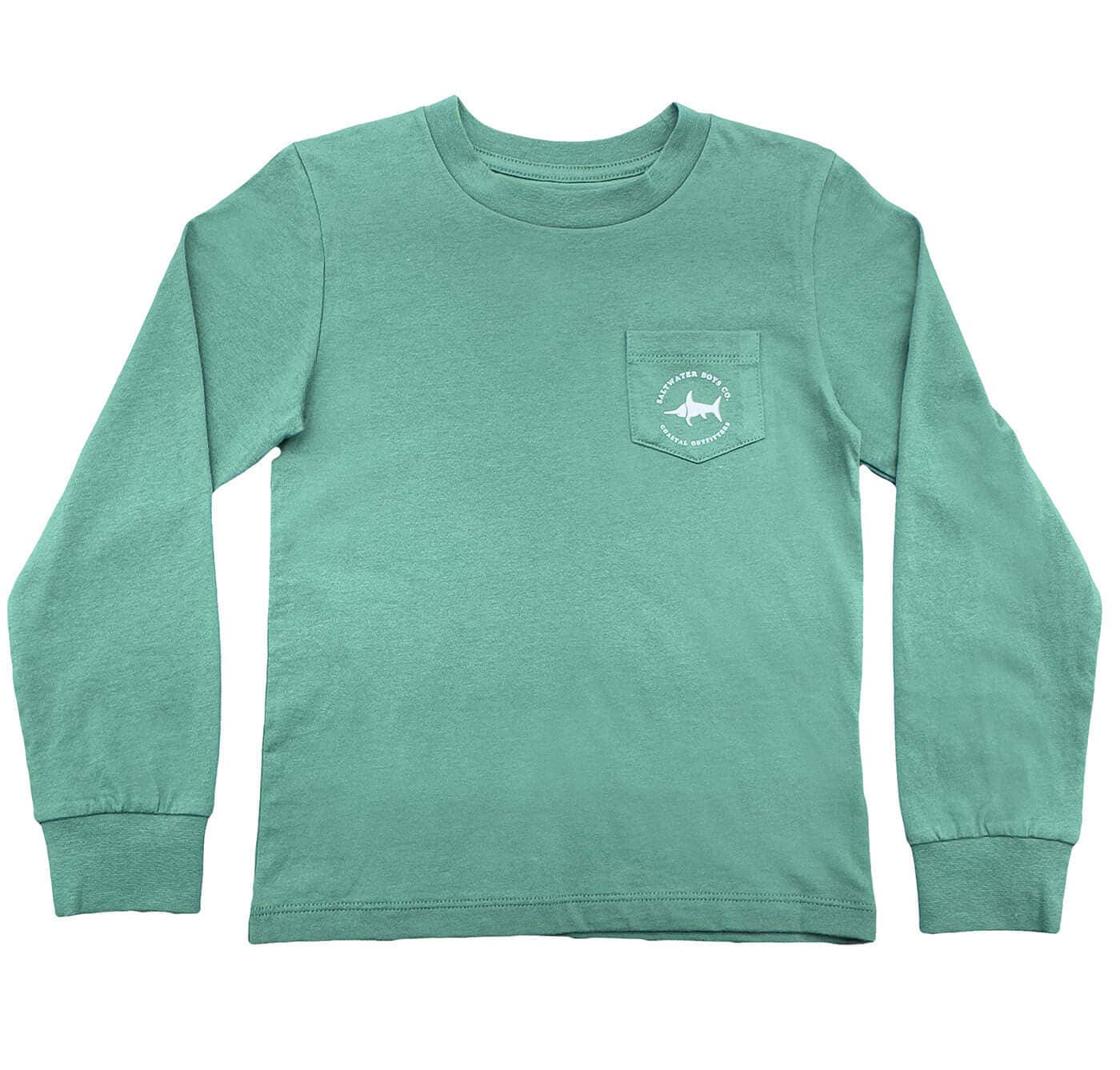 Green long-sleeve shirt with a pocket on a white background