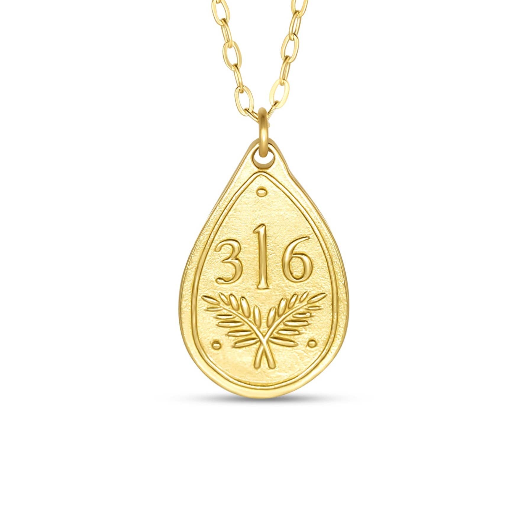Gold teardrop-shaped pendant with '316' engraved on a white background