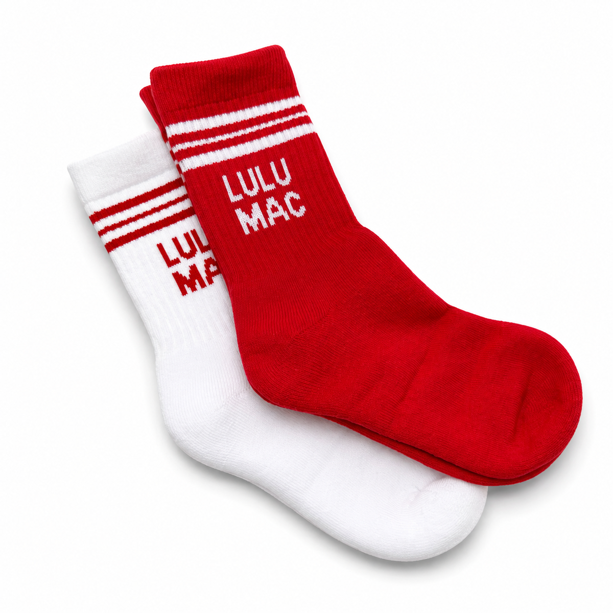 Red and white Lulu Mac crew socks with striped bands and bold logo text