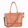 Brown leather handbag with a shoulder strap on a white background