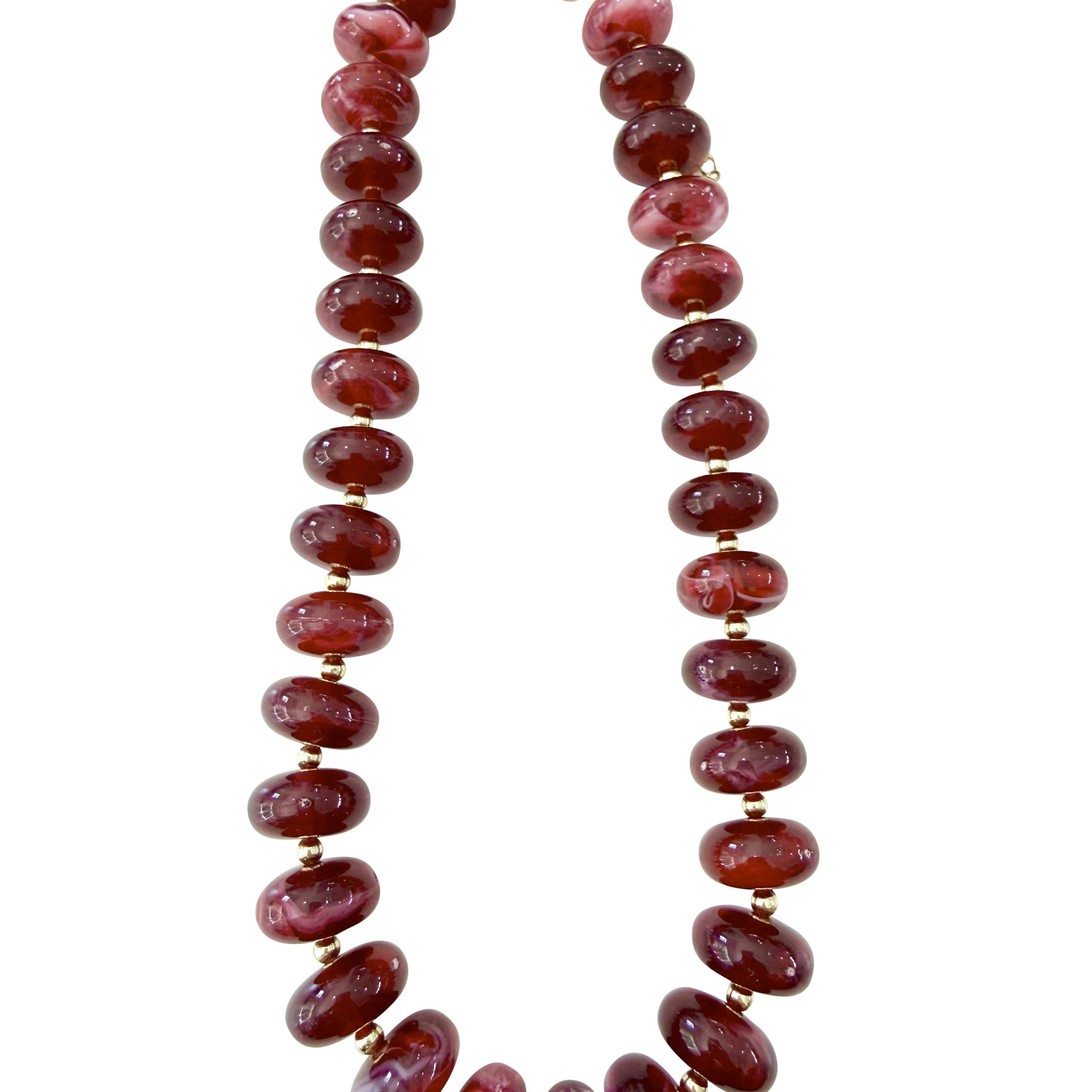 Chunky beaded necklace with maroon glass-style beads and gold-tone clasp