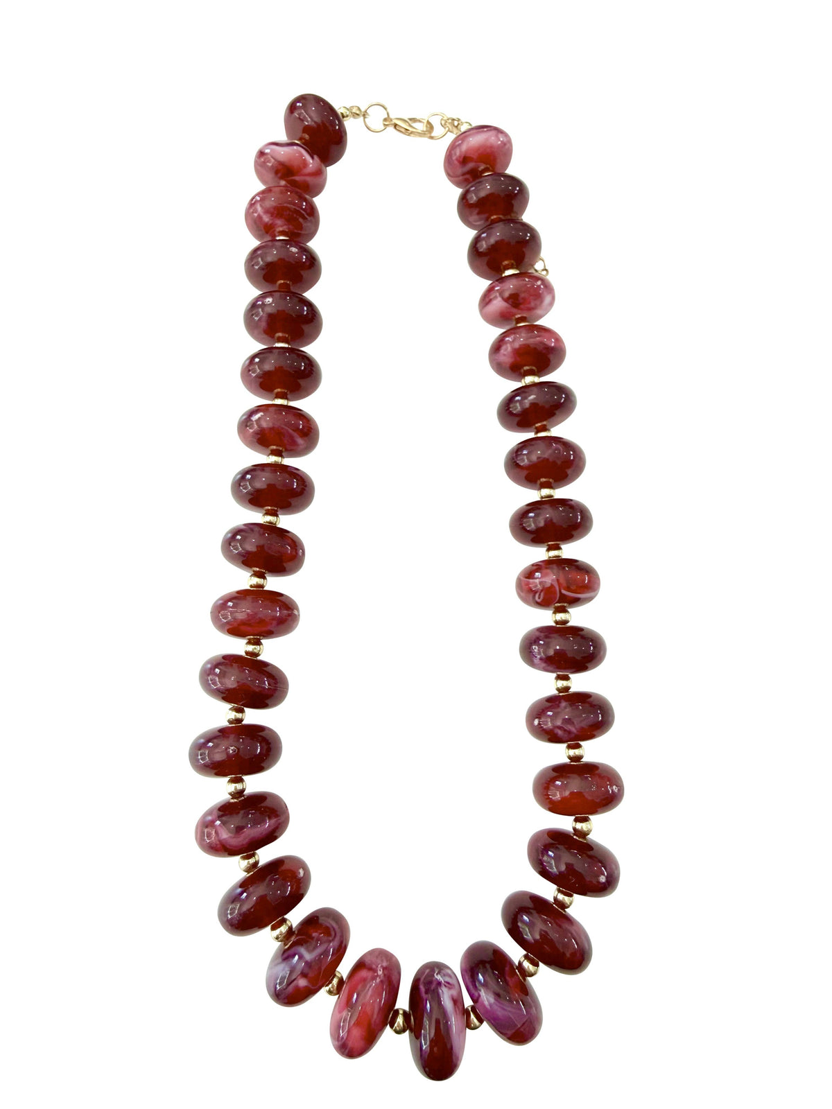 Chunky beaded necklace with maroon glass-style beads and gold-tone clasp