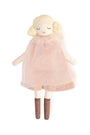 Plush doll with a pink dress on a white background