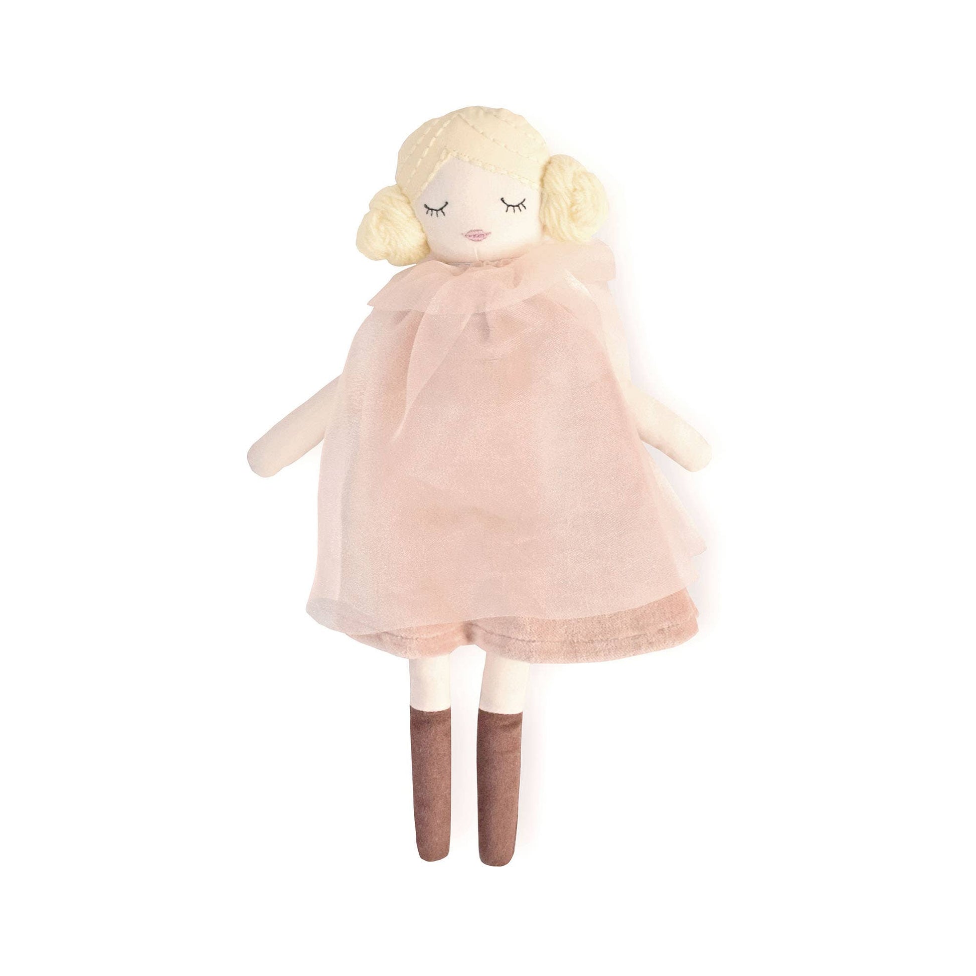 Plush doll with a pink dress on a white background