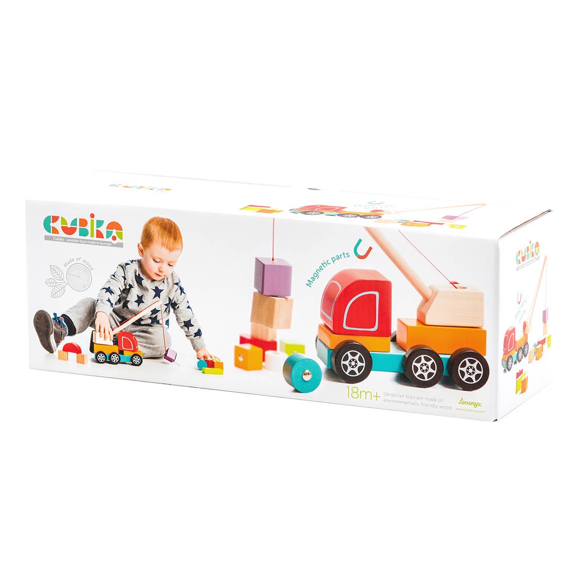 Cubika toy packaging with a child playing with toys on a white background
