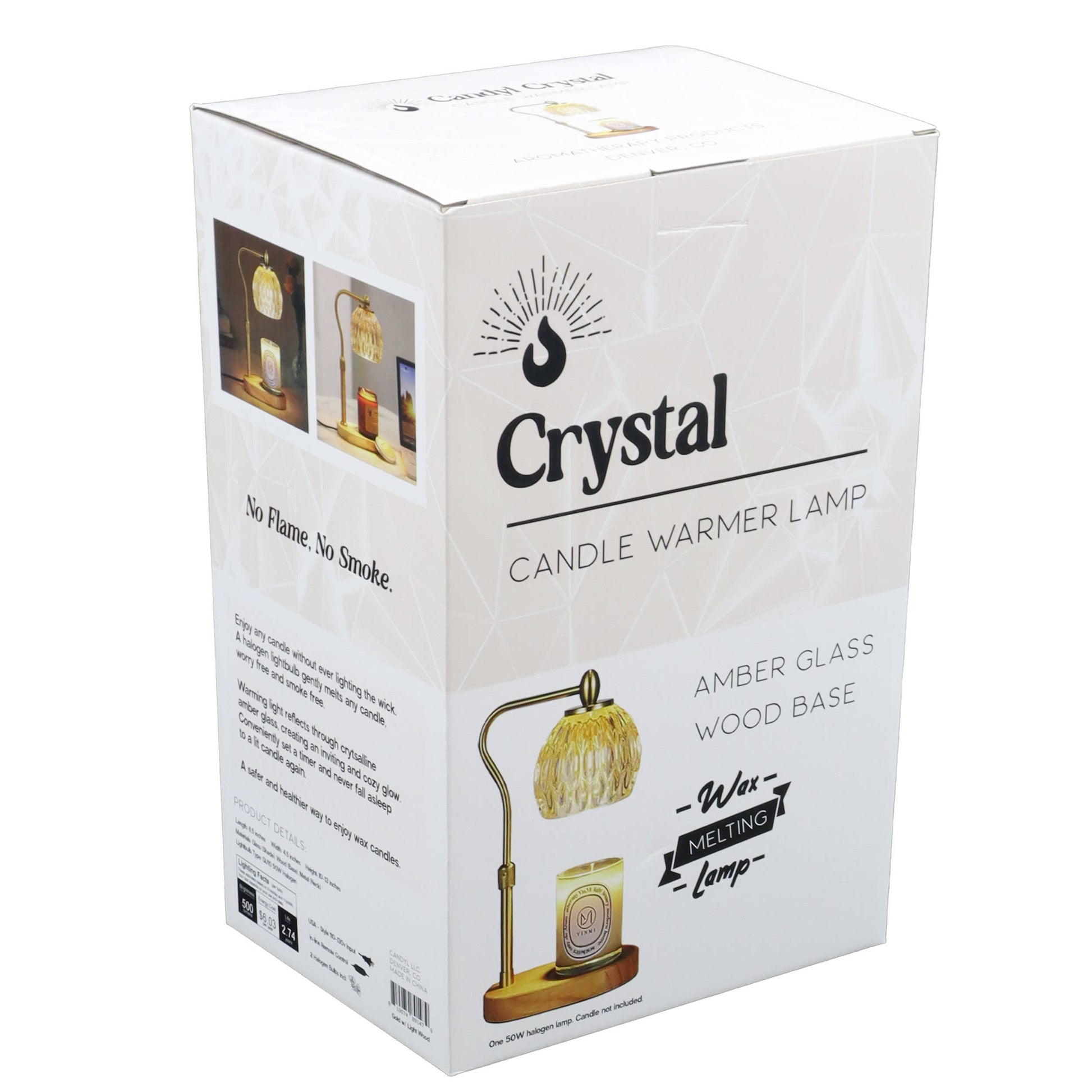 Box packaging of a Crystal candle warmer lamp with images and text on a white background