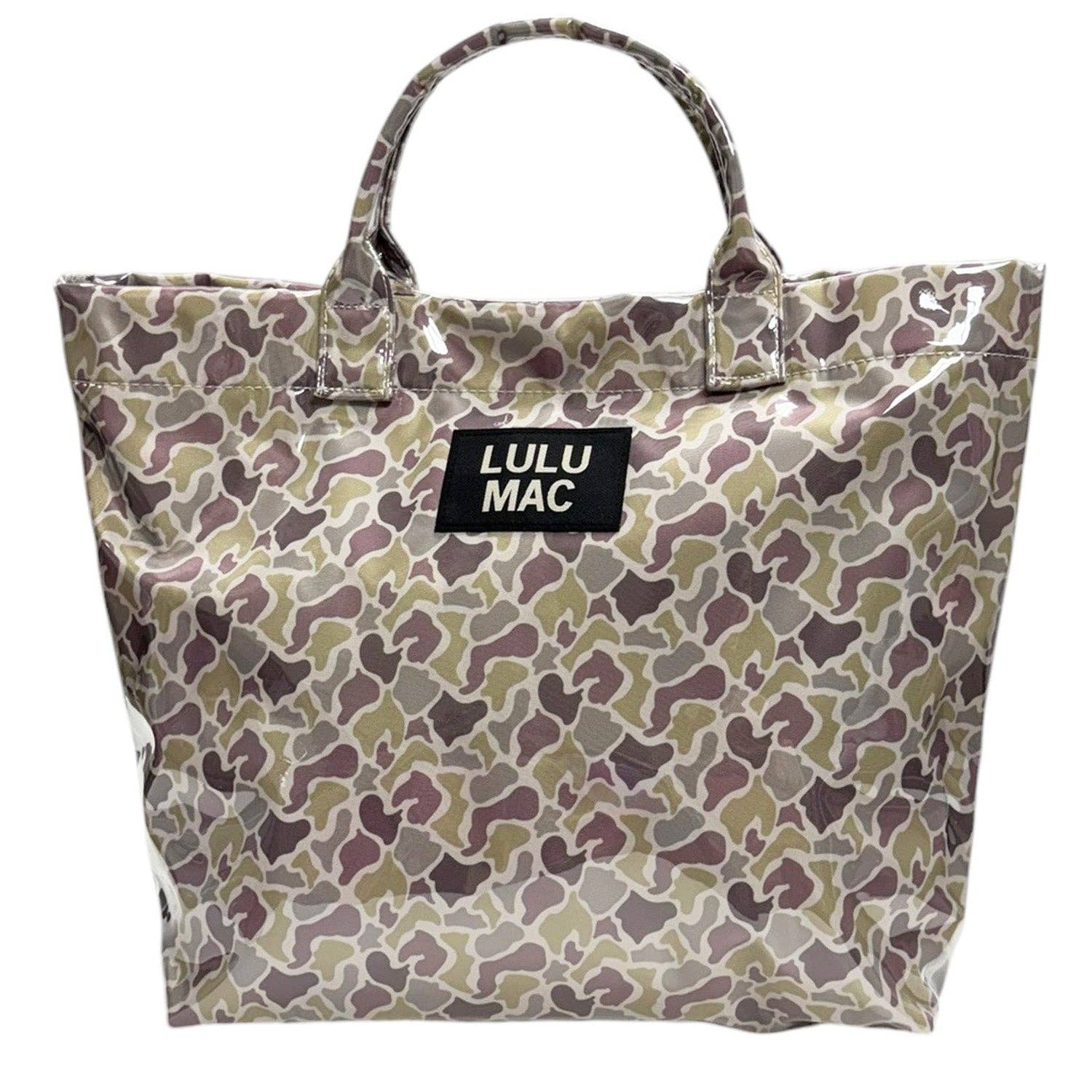 Camouflage-patterned tote bag with 'Lulu Mac' label on a white background