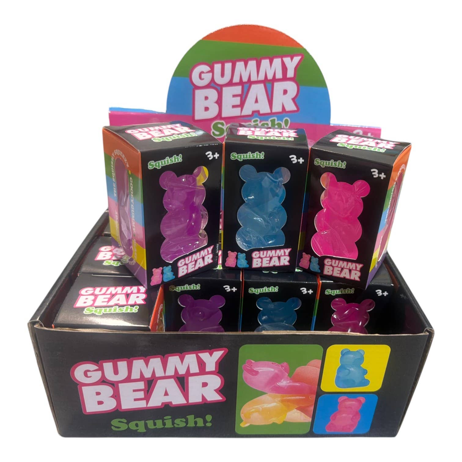Display of Gummy Bear Squish toy boxes with colorful packaging.
