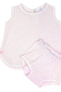 Baby romper with pink and white pattern on a white background
