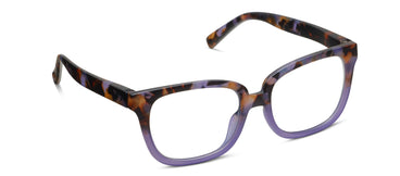 purple tortoiseshell eyeglasses on a white background