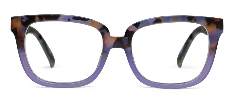 Tortoiseshell glasses with a purple frame on a white background