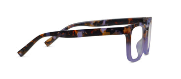 purple tortoiseshell eyeglasses on a white background