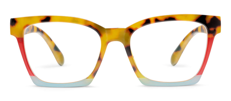 Multicolored eyeglass frames on a white background