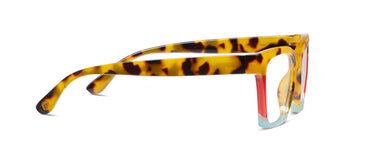 Tortoiseshell eyeglasses with a colorful frame on a white background