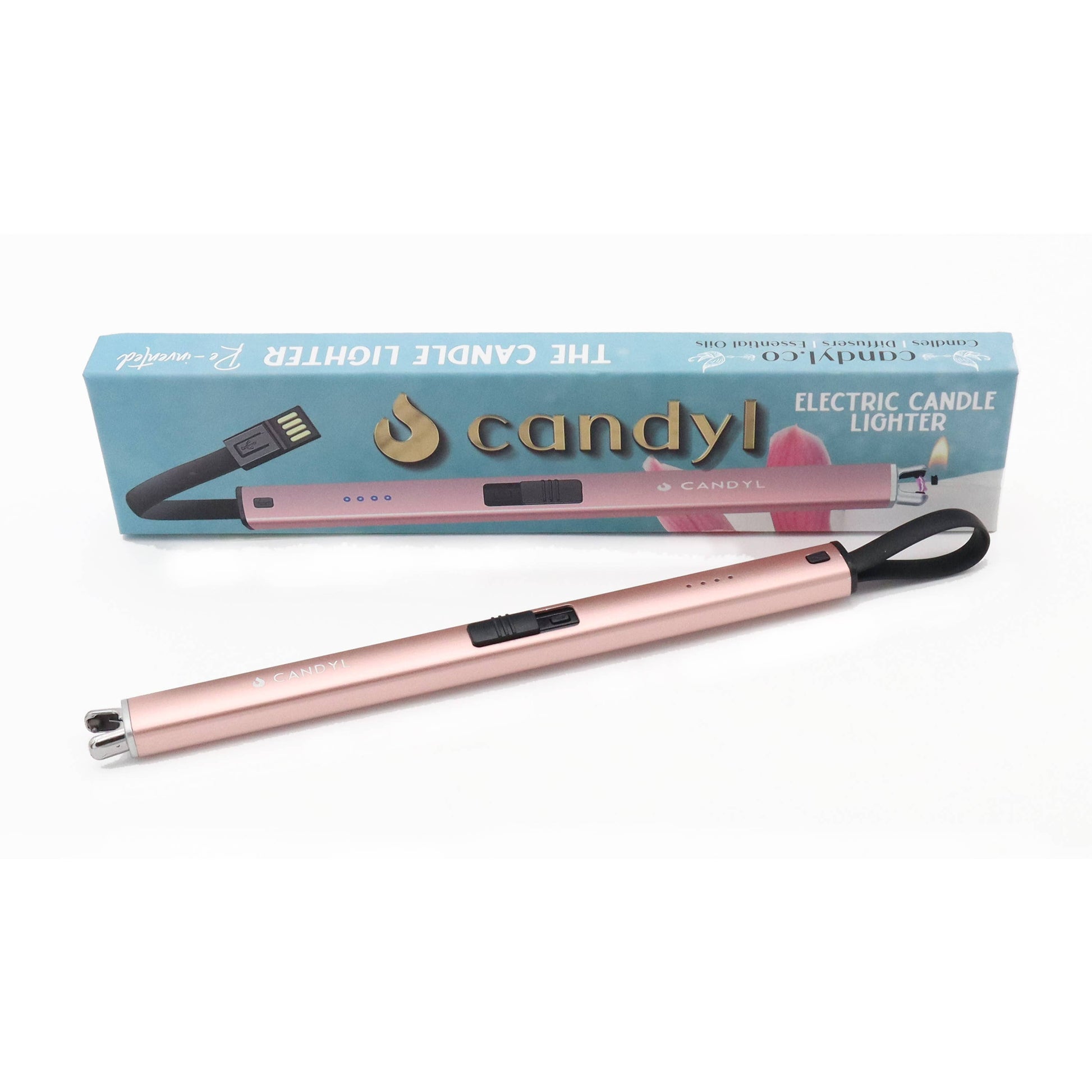 Rose gold electric candle lighter with 'candylic' branding on a white background