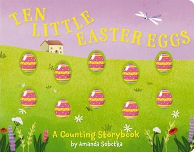 Book cover of 'Ten Little Easter Eggs' with colorful eggs and a purple sky.