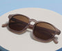 Brown sunglasses on a light beige surface with a blue background