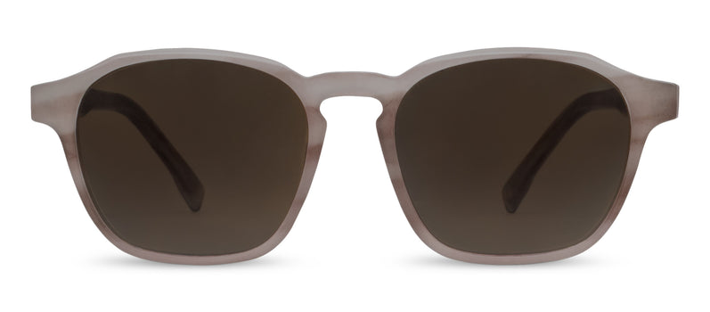 Sunglasses with brown lenses and gray frame on a white background