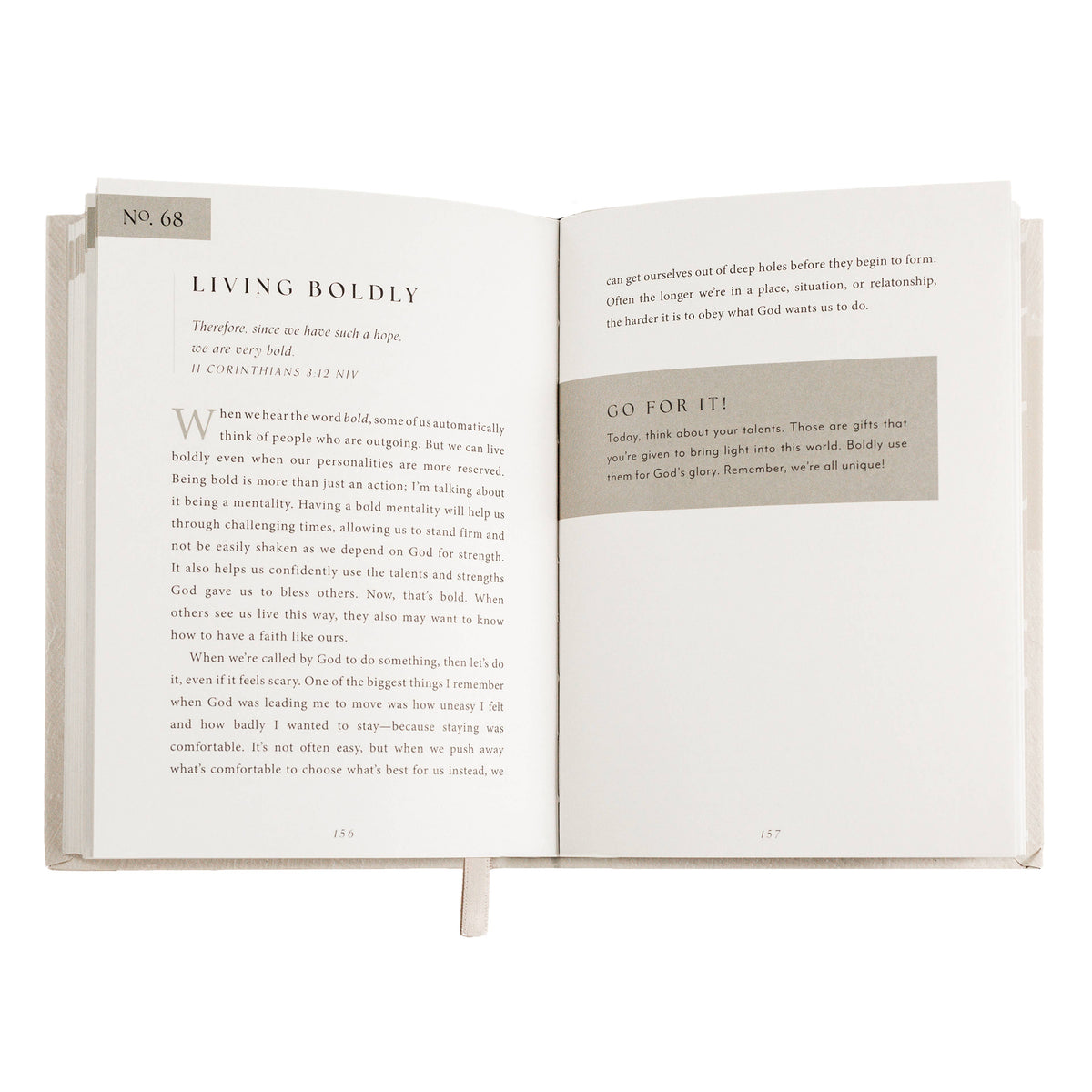 Open devotional book showing 'Living Boldly' page and 'Go For It' heading