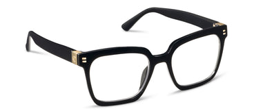 Black eyeglasses with gold accents on a white background