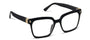 Black eyeglasses with gold accents on a white background