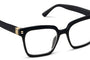 Black eyeglasses with gold accents on a white background