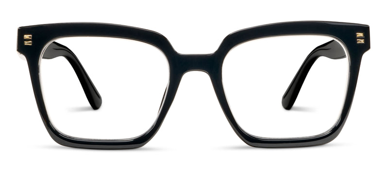 Black eyeglasses with gold accents on a white background
