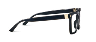 Black eyeglasses with gold accents on a white background