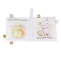 Open soft farm animals cloth crinkle book showing chick and cat pages with fabric tags