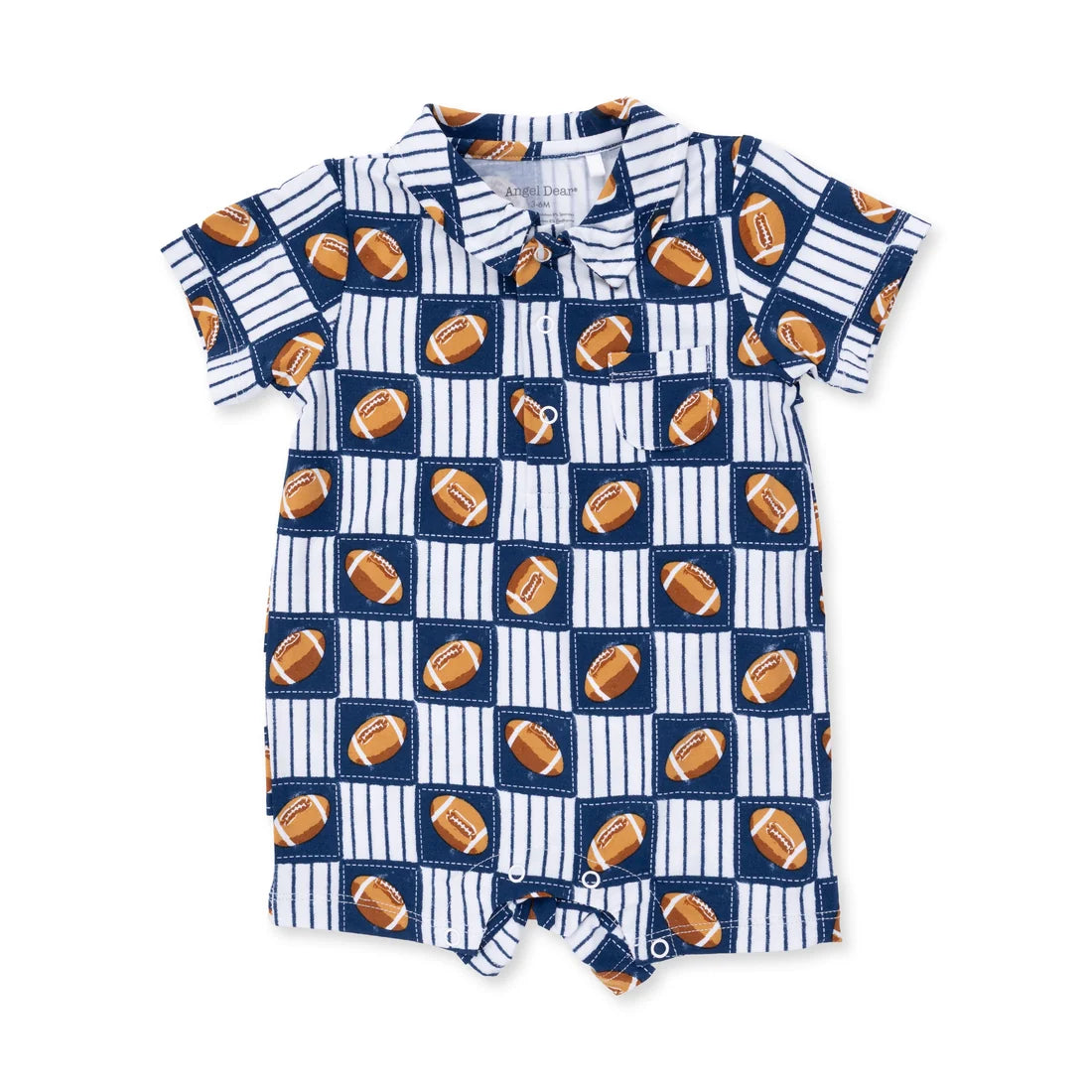 A baby short-sleeve romper with a navy blue and white pinstripe background, featuring a repeating pattern of brown footballs and a matching chest pocket.