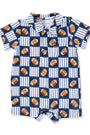 A baby short-sleeve romper with a navy blue and white pinstripe background, featuring a repeating pattern of brown footballs and a matching chest pocket.