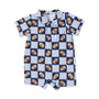 A baby short-sleeve romper with a football-themed print, featuring navy blue and white stripes with brown football motifs, laid flat on a white background.