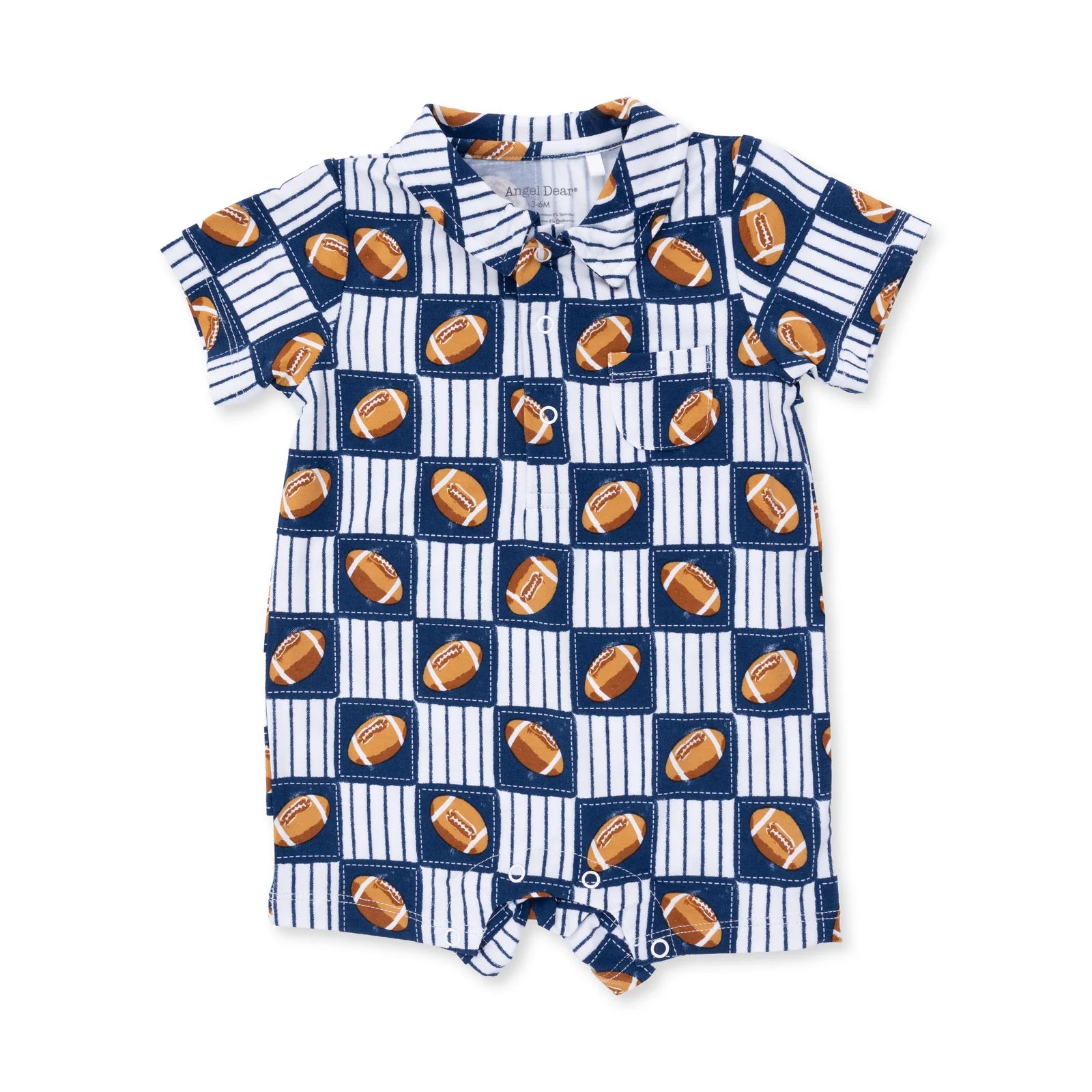A baby short-sleeve romper with a football-themed print, featuring navy blue and white stripes with brown football motifs, laid flat on a white background.