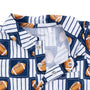 Close-up of a children's collared shirt with a navy and white pinstripe pattern and football motifs, featuring snap buttons and a visible Angel Dear brand label.
