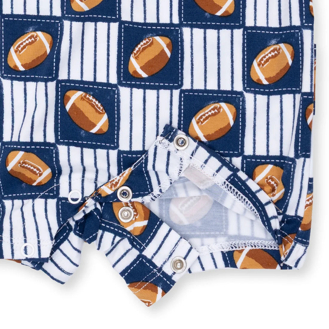 Children's underwear with football pattern on a blue and white striped background