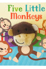 Book cover of 'Five Little Monkeys' with a plush monkey toy on a colorful background