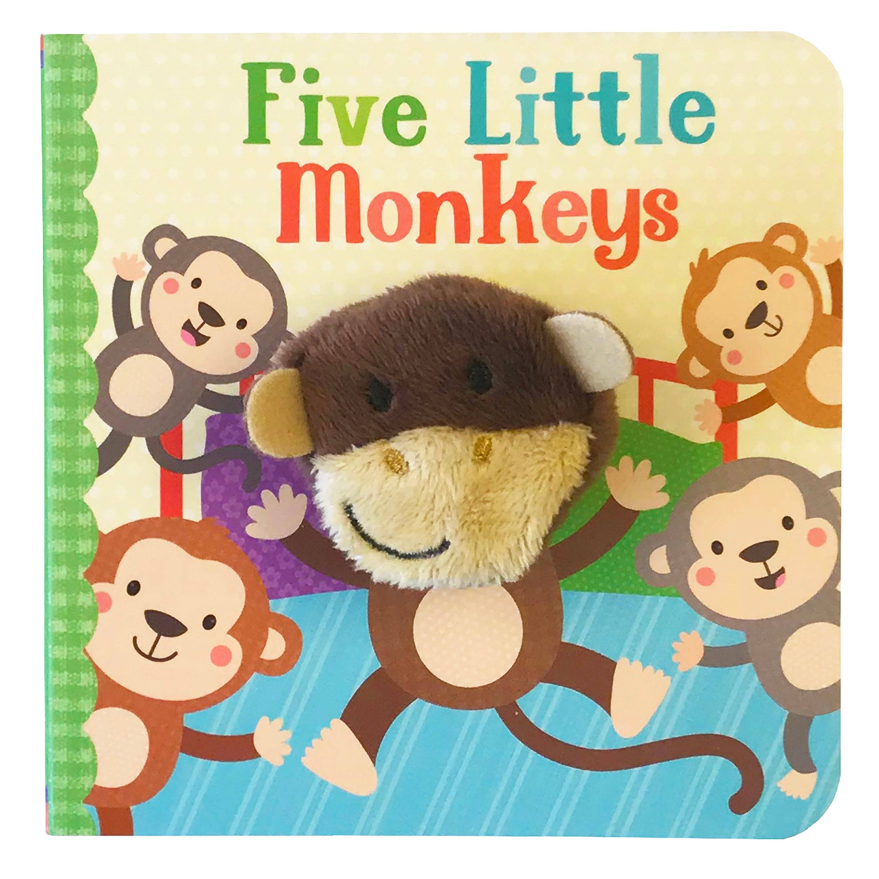 Book cover of 'Five Little Monkeys' with a plush monkey toy on a colorful background