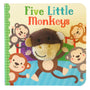 Book cover of 'Five Little Monkeys' with a plush monkey toy on a colorful background