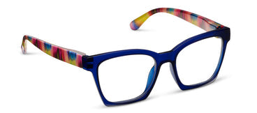 Blue-framed eyeglasses with a colorful arm on a white background