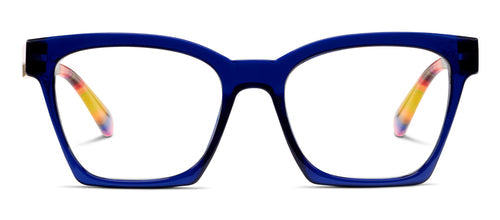 Blue-framed eyeglasses with a colorful arm on a white background