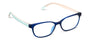 Blue eyeglasses with a light frame on a white background
