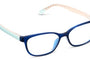 Blue eyeglasses with a light frame on a white background