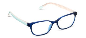 Blue eyeglasses with a light frame on a white background