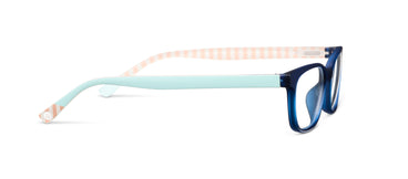 Eyeglasses with a light frame and pinkish-brown arms on the inside on a white background