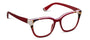 Red eyeglasses with a white and gold frame on a white background
