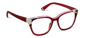 Red eyeglasses with a white and gold frame on a white background