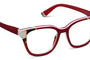Red eyeglasses with a white and gold frame on a white background