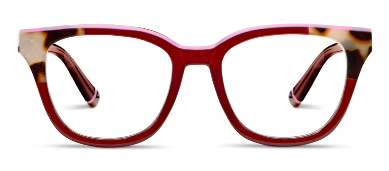 Red and tortoiseshell cat-eye glasses on a white background